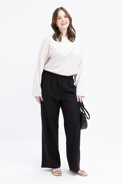 ALLDAY Black-Large Size Wide Leg Linen Trousers with Elastic Waist