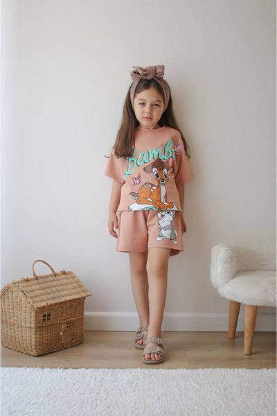 jeliboomkidswear طقم صيفي مكون من قطعتين من شورت مطبوع من Bambi للفتيات الصغيرات