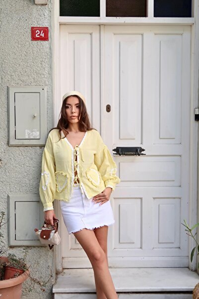 Lusin Women's Lemon Yellow Long Sleeve Tie Detail 100% Cotton Premium Muslin Blouse Shirt