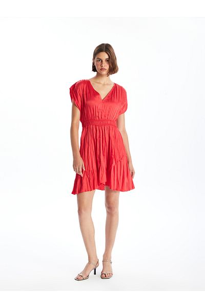 LC Waikiki V-Neck Straight Short Sleeve Satin Women's Dress