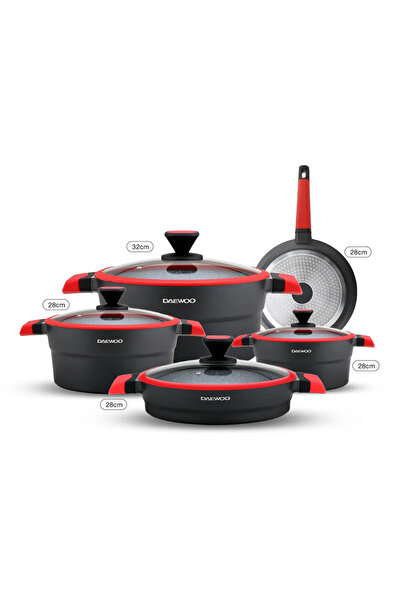 Daewoo طقم طهي جرانيت من سلسلة X، 9 قطع - DCS5X أسود/أحمر