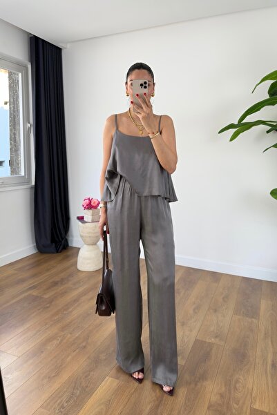 BİRCANÇİL Loney Gray Suspender Adjustable Blouse Pants Set