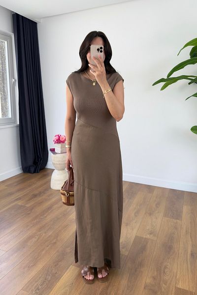 BİRCANÇİL Md Alis Brown Fabric Knitwear Detailed Dress