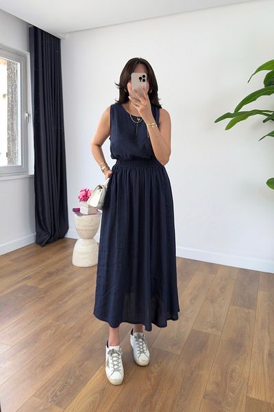 BİRCANÇİL Viana Navy Blue Blouse Skirt Tensl Set