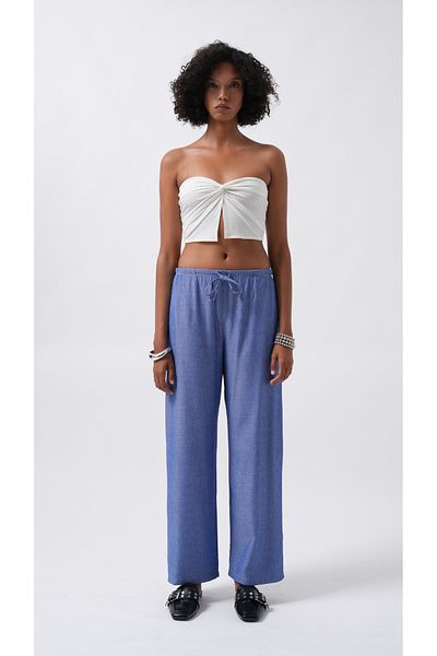 Black Fashion Dark Blue Trousers with Thin Belt and Lace Detail