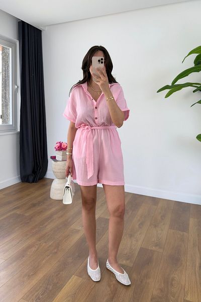 BİRCANÇİL Levna Pink Belted Short Jumpsuit