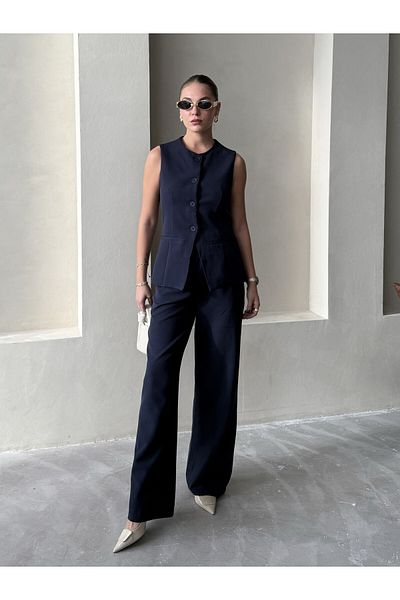 Laluvia Dark Navy Blue Camille Classic Buttoned Vest Trousers - 8449