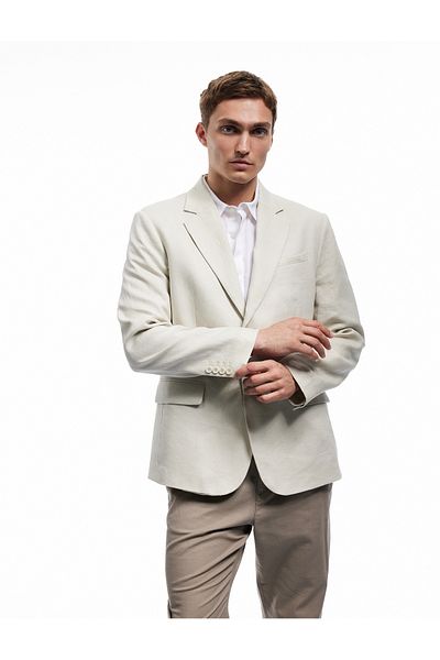 Koton Mono Collar Linen Blazer Jacket with Buttoned Flap Pocket Detail