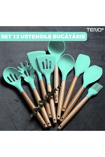Teno Teno® 12-Piece Food Grade Silicone Kitchen Utensil Set, heat-resistant, stand included, turquoise