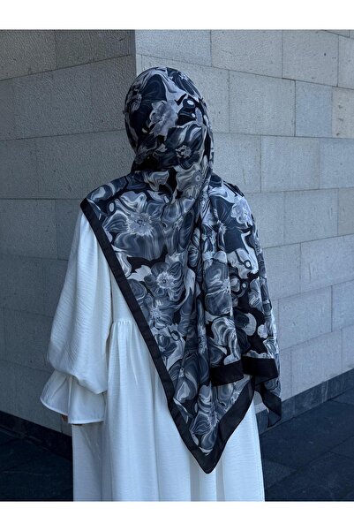 Qalortex Scarf Cotton Mimosa Pattern Shawl - Black/White