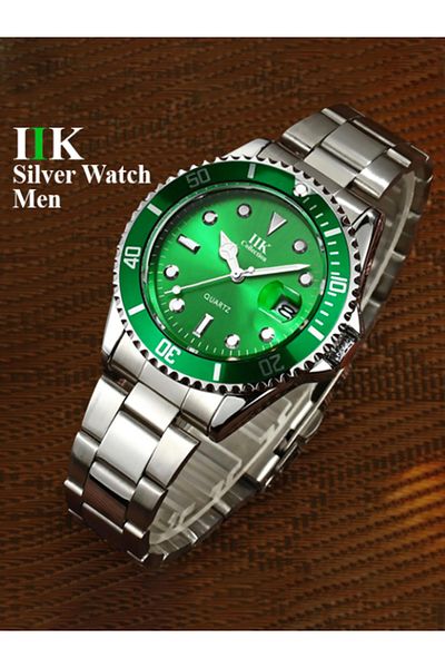 MACON IIK Rotatable Bezel Sapphire Glass Stainless Steel Band Sport Quartz Wrist Watch for Men – Green a