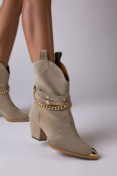 Vanilla Days Bushra nude suede women's boots with gold accessories