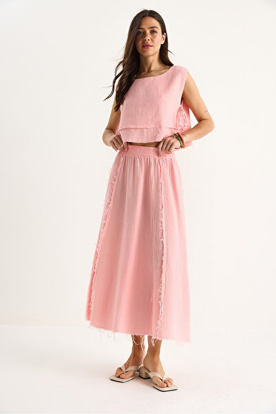 Bianco Lucci Women's Elastic Waist Skirt with Side Tie Detail Crop Muslin Bottom-Top Set 60283236