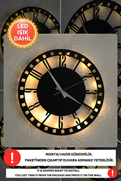 Dekorvin Led Işıklı Modern Casino Duvar Saati Sessiz Dekoratif Modern Siyah A...