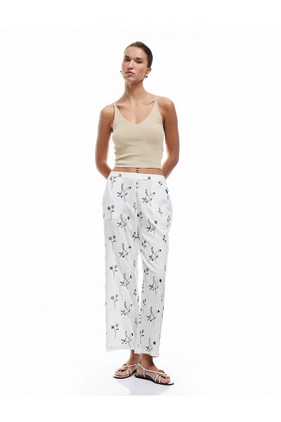 Koton Viscose Fabric Plain Wide Leg Scalloped Embroidered Floral Trousers