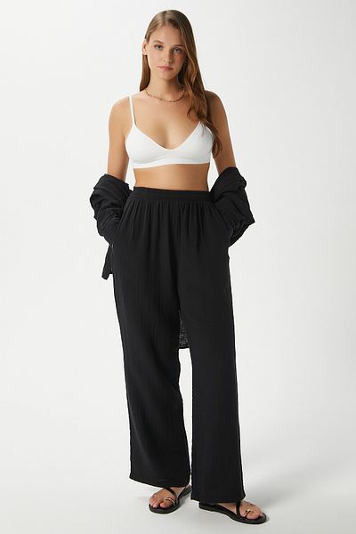Ritnice Women's Maja 100% Cotton Muslin Black Trousers with Elastic Waist
