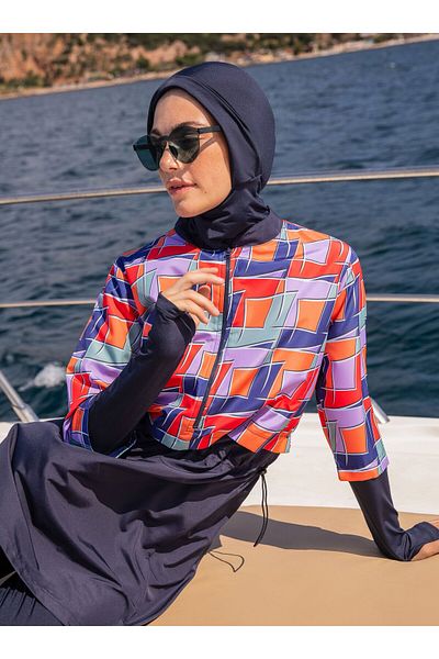 Mayo Bella Geometric Pattern Crop Hijab Swimsuit - Navy Blue - Swimsuit Bella