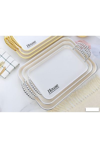 rexa Melamine Serving Tray Set 3 Pieces, White With Silver Edges And Bubble Handles