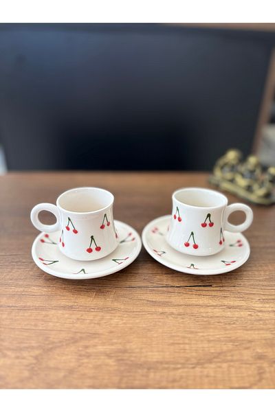şeffafavm Cherry Embossed Patterned Handmade Ceramic Cup 2-Pack