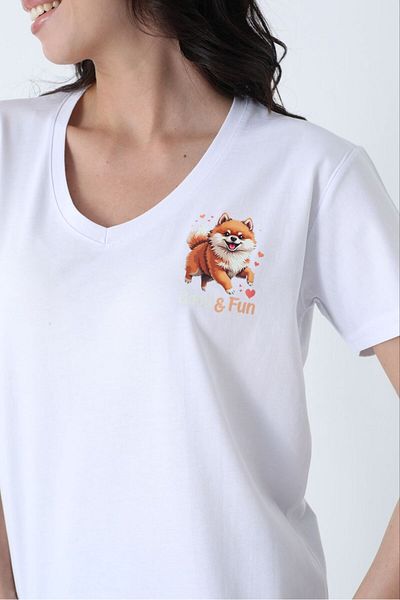 Hukateks White Dog Print Detailed Short Sleeve 100% Cotton t Shirt