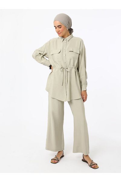 Refka Waist-Tied Modal Tunic Trousers Double Set - Cream- Refka