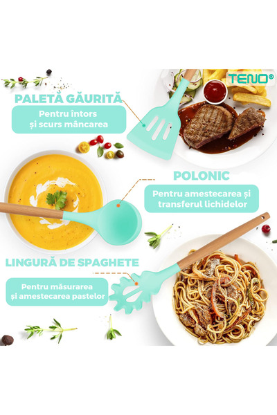 Teno Teno® 12-Piece Food Grade Silicone Kitchen Utensil Set, heat-resistant, stand included, turquoise