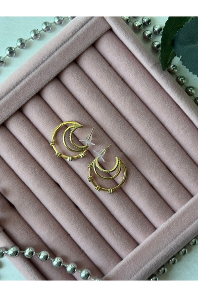 JEWELRY Özel Seri Altın Renkli 3 Sıralı Büyüklü Küçüklü Zirkon Taşlı Halkalı Rodyum Kaplama VIP Küpe