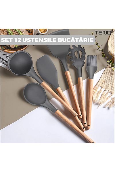 Teno Teno® 12-Piece Food Grade Silicone Kitchen Utensil Set, heat-resistant, stand included, gray