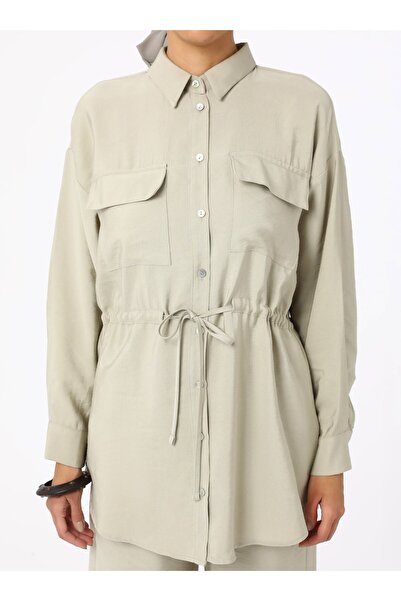 Refka Belden Bağlamalı Modal Tunik Pantolon İkili Takım - Krem- Refka