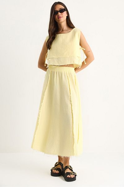 Bianco Lucci Women's Elastic Waist Skirt with Side Tie Detail Crop Muslin Bottom-Top Set 60283236