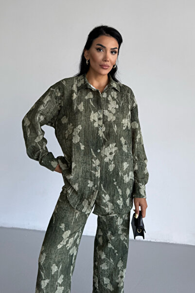 Ladima Women's Green Leaf Effect Crinkle Shirt Pants Bottom Top Set