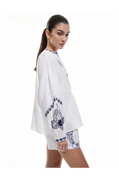 Koton Cotton Ethnic Patterned Embroidered Mandarin Collar 3/4 Balloon Sleeve Muslin Blouse
