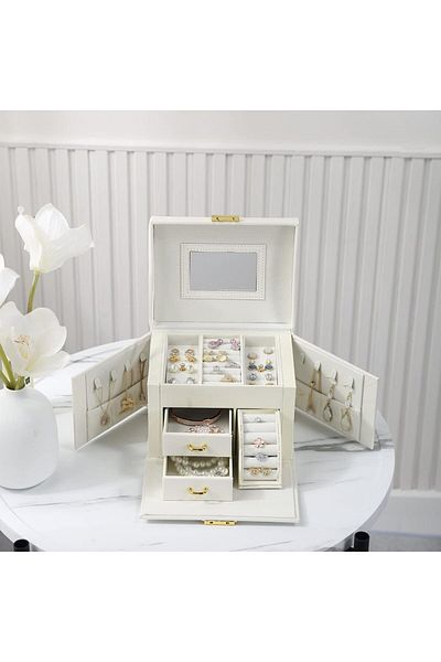 COOYA 3 Layer PU Leather Jewelry Organizer Box with Mirror and Lock,Portable for Earrings Rings Necklace