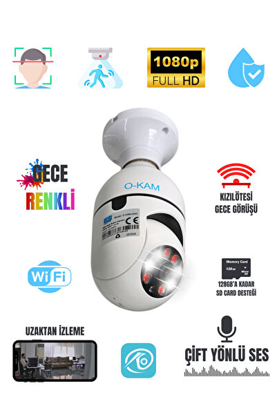 O-KAM 2MP WiFi Ampul Kamera Gece Renkli Döner Başlıklı Çift Ses SD Destekli T...