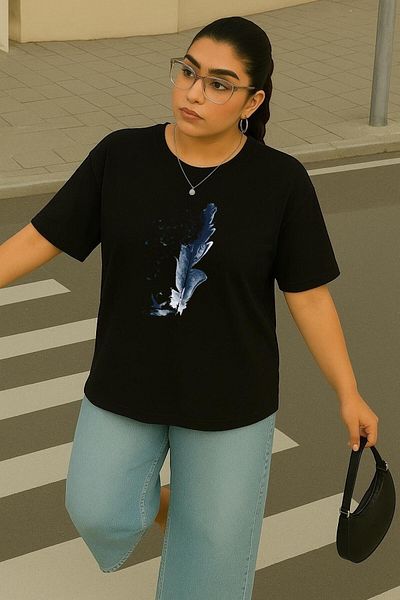 BENROMA 1 T-Shirt Gift for Purchases of 6 or More in Cart - Large Size Blue Feather Printed Unisex T-Shirt