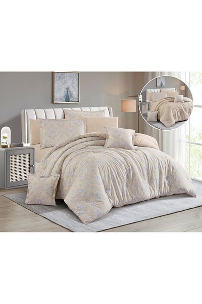 Levore Livory 8-Piece Comforter Set 100% Cotton Soft Floral Reversible Double Duvet System Heavy Fill Evelyne-042