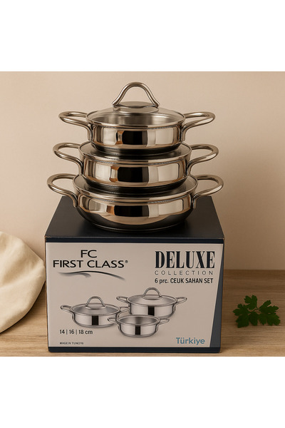 First Class Deluxe Collection 6 Parça Paslanmaz Çelik Sahan Seti – 14-16-18 cm Cam Kapaklı