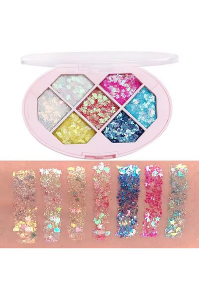 Flippy Paletă cu sclipici Flippy, varianta 1, 7 nuanțe, corp și păr, rezistentă la apă, 50g, 9,8x6,8 cm, multicoloră