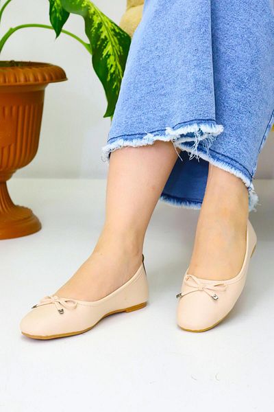Weynes Women's Beige Dotted Bow Flat Sole Ballerinas Wsb3062