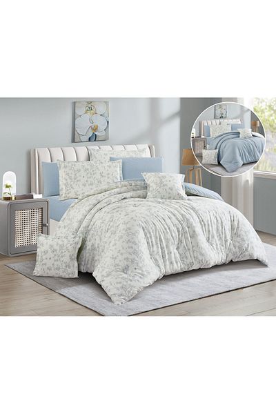 Levore Livory 8-Piece Comforter Set 100% Cotton Soft Floral Reversible Double Duvet System Heavy Fill Evelyne-041