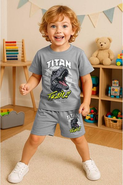 LİLLYPİCCA Boy's Titan Dinosaur Printed Crew Neck Shorts Suit