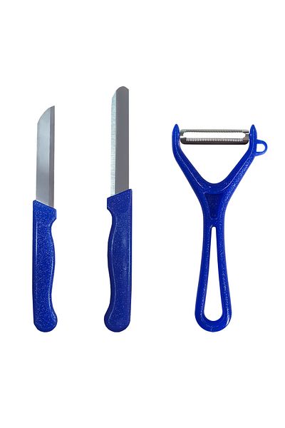 Saban Horizontal Blade Vegetable and Fruit Peeler and Knife Blue Solingen Set of 3