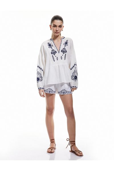 Koton Cotton Ethnic Patterned Embroidered Mandarin Collar 3/4 Balloon Sleeve Muslin Blouse
