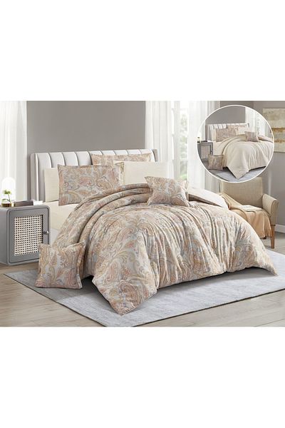 Levore Livory 8-Piece Comforter Set 100% Cotton Soft Floral Reversible Double Duvet System Heavy Fill Evelyne-047