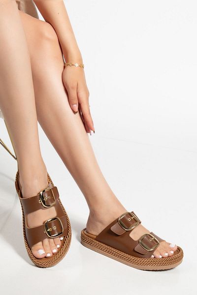 Hayalimdeki Ayakkabı Women's Brown Daily Double Buckle Comfortable Sole Straw Sandals Slippers