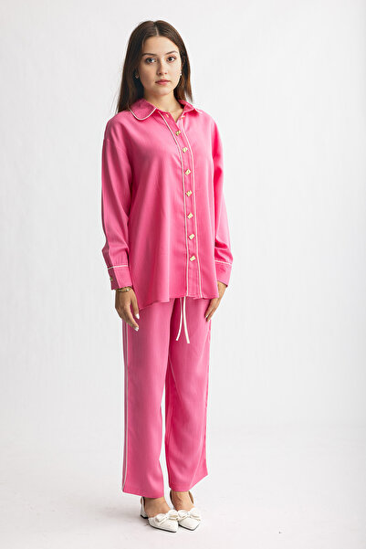 Suede Style 9261 - Şık Rahat Arabiyeli Kadın Saten Pantolon Gömlek Takımı