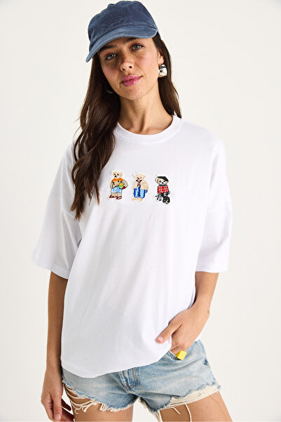 Bianco Lucci Γυναικείο βαμβακερό μπλουζάκι με κέντημα Teddy Crew Neck 60602064