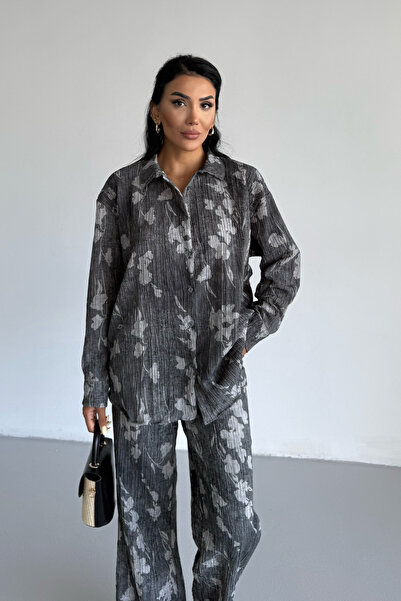 Ladima Women's Anthracite Leaf Effect Crinkle Shirt Pants Bottom Top Set