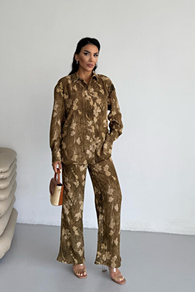 Ladima Women's Dark Mustard Leaf Effect Crinkle Shirt Pants Bottom Top Set