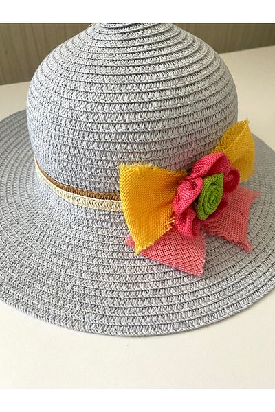 Petek Collection Straw Children's Beach Hat with Flower Accessories (3-9 Years)